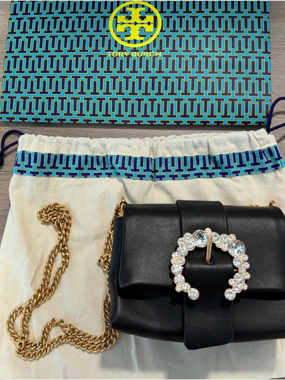 Tory Burch Black Leather Chain Crossbody with Crystal Buckle
